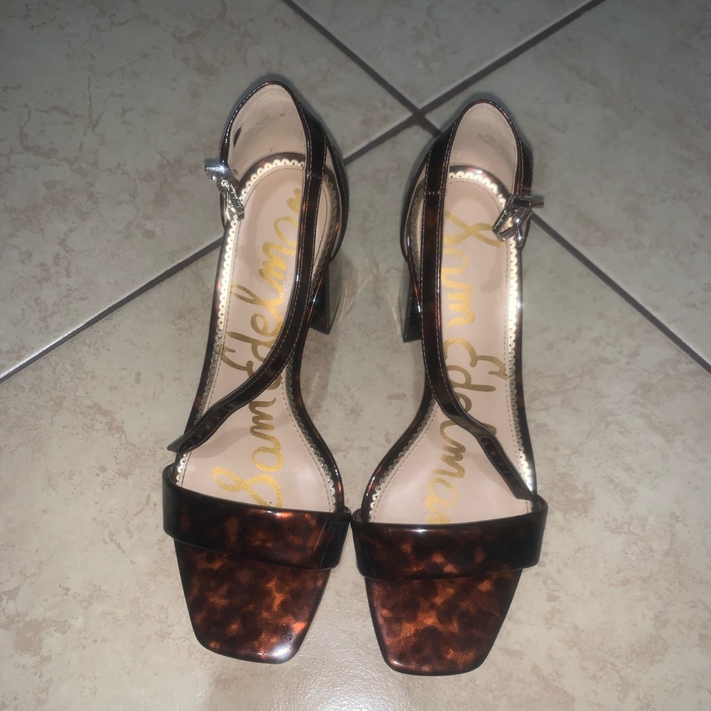 Daniella patent tortoise leather block sandal heels